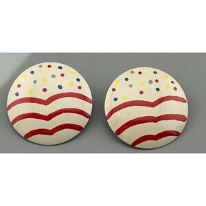 Vintage Enamel Disc Stud Earrings Polka Dot Waves 1 1/2" Lightweight